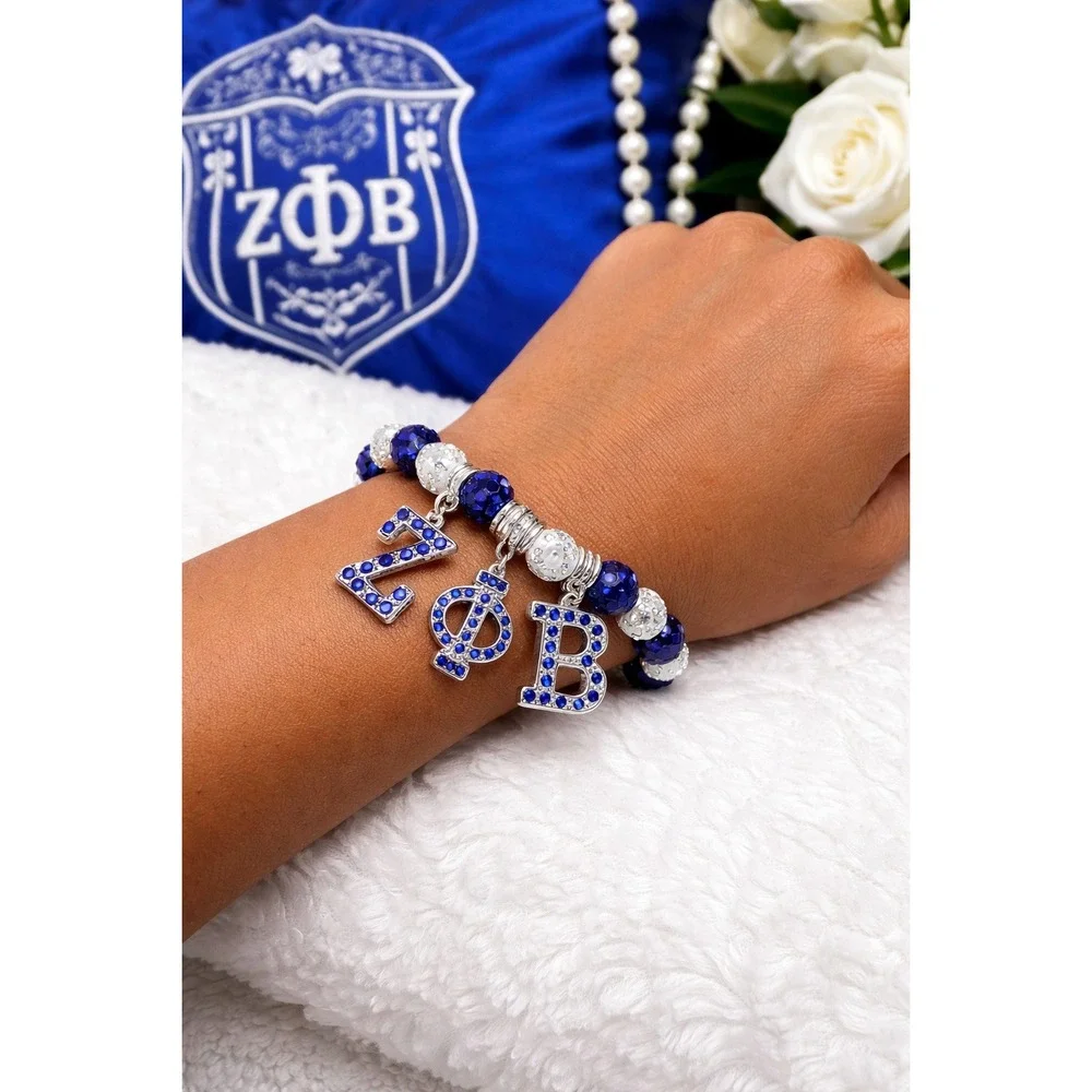 Zeta Phi Beta Bracelet Blue and White Beaded rhinestone‎ with Logo